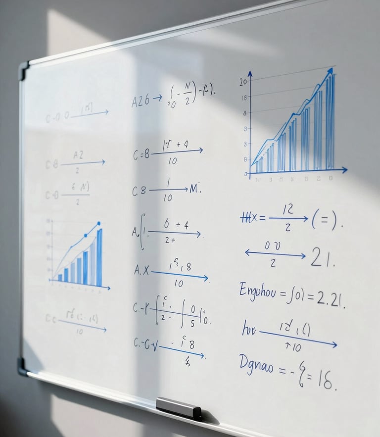 Tight abstract crop of a high-end corporate office whiteboard covered in clean mathematical formulas and sales performance graphs, cool crisp daylight, sharp shadows.
