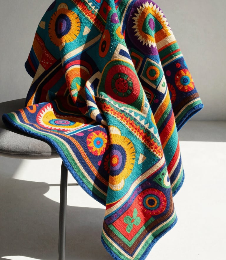 Vibrant editorial photography of a colorful patterned textile draped over a modern chair, bright direct sunlight, sharp playful shadows