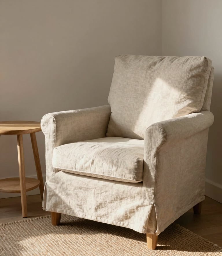 Soft morning light illuminating a quiet nursery corner with a comfortable linen armchair, a light oak side table, and a woven wool rug, captured in a warm, diffused style.