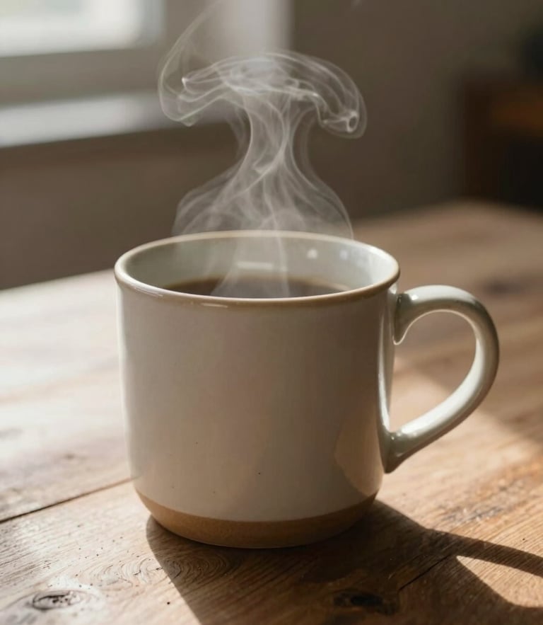 Close-up of a steaming ceramic mug on a rustic wooden table, soft morning light filtering through a window casting gentle shadows, shallow depth of field, warm editorial photography