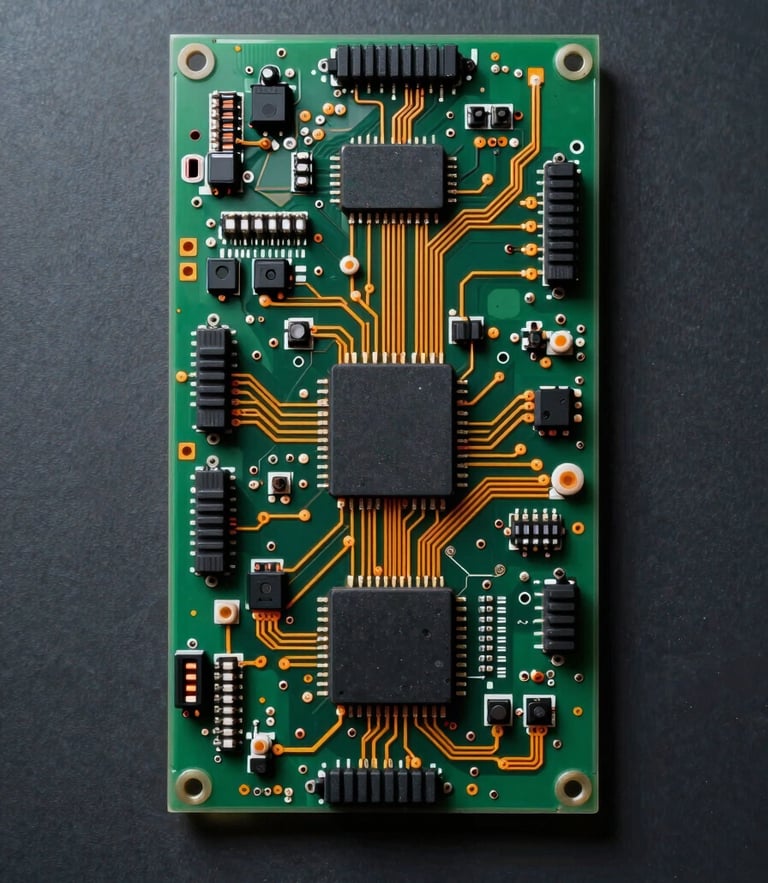 Overhead technical schematic layout of an automotive printed circuit board, high-contrast studio lighting with cool-toned ambient shadows and warm orange indicator lines tracing ECU pathways.