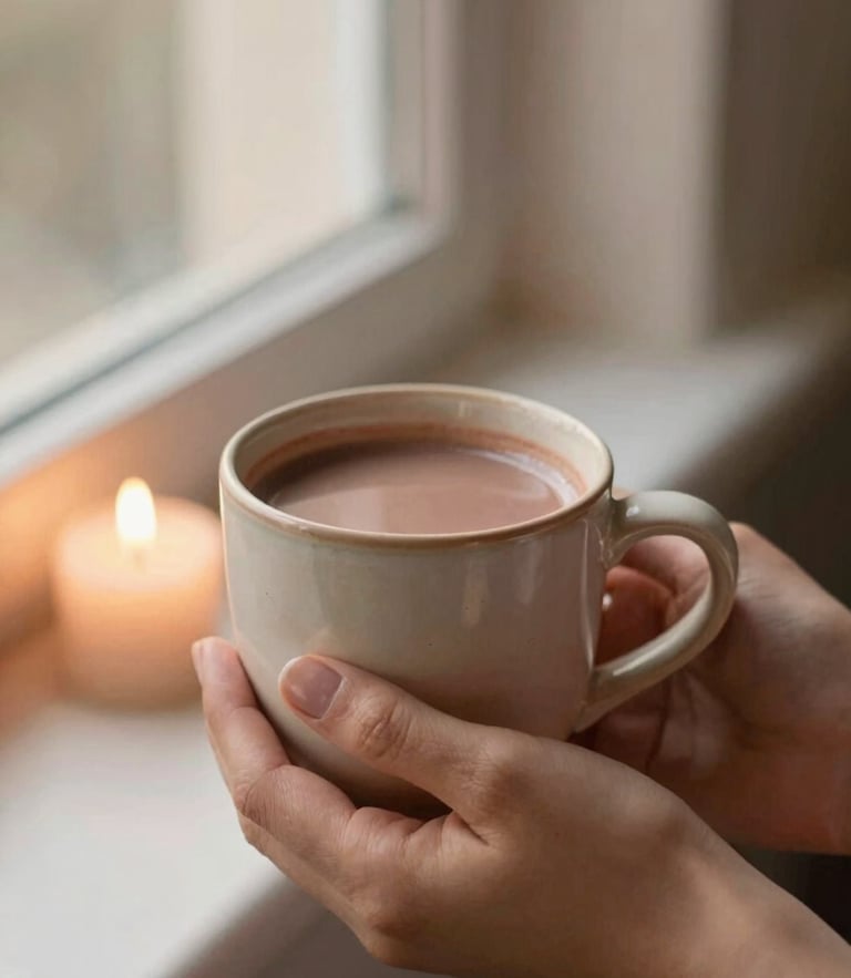 Soft-focus detail of a warm ceramic mug of ceremonial cacao held in gentle hands, glowing candle in the background, soft golden-hour window light, warm muted earth tones, 35mm photography