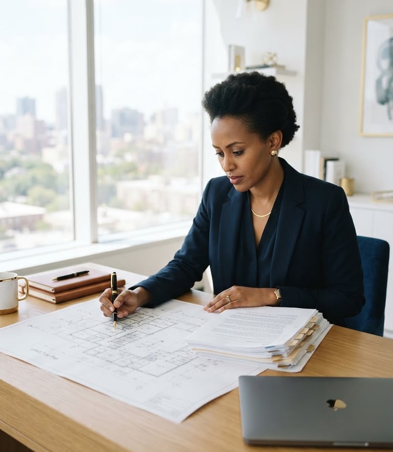 A focused Ethiopian professional reviewing architectural blueprints and legal documents near a bright window, clean desk, gold accents, professional consulting environment.