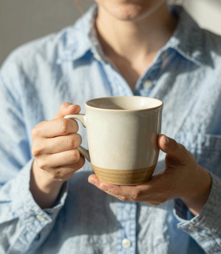 A person smiling in bright natural morning sunlight, holding a warm ceramic mug, soft shadows, cozy linen shirt, 35mm photography
