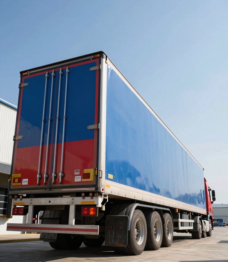 Low-angle heroic shot of a massive 40ft blue and red trailer truck parked at an industrial loading dock under sharp morning light.