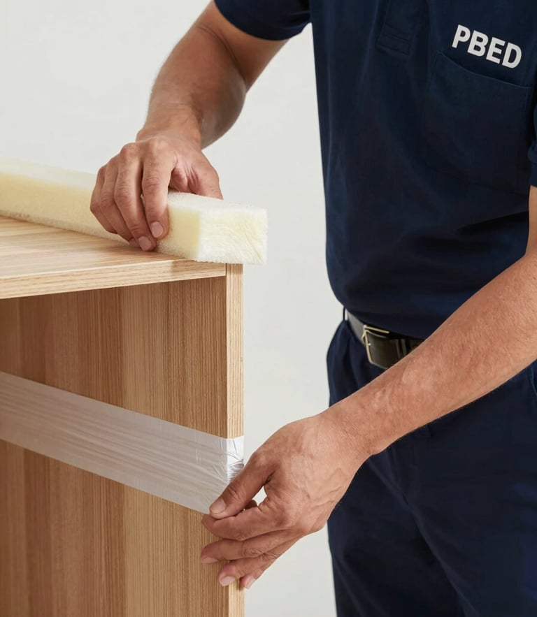 Close-up shot of professional movers in clean navy blue uniforms wrapping a wooden cabinet corner with high-density foam edge guards and secure stretch wrap, bright daylight, sharp focus on hands.