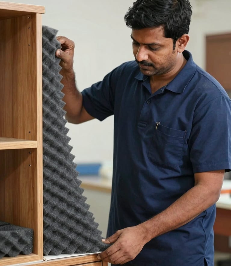 Medium shot of a professional Indian packing specialist in a clean navy uniform carefully wrapping a wooden cabinet corner with thick protective foam, bright daylight, focused action.