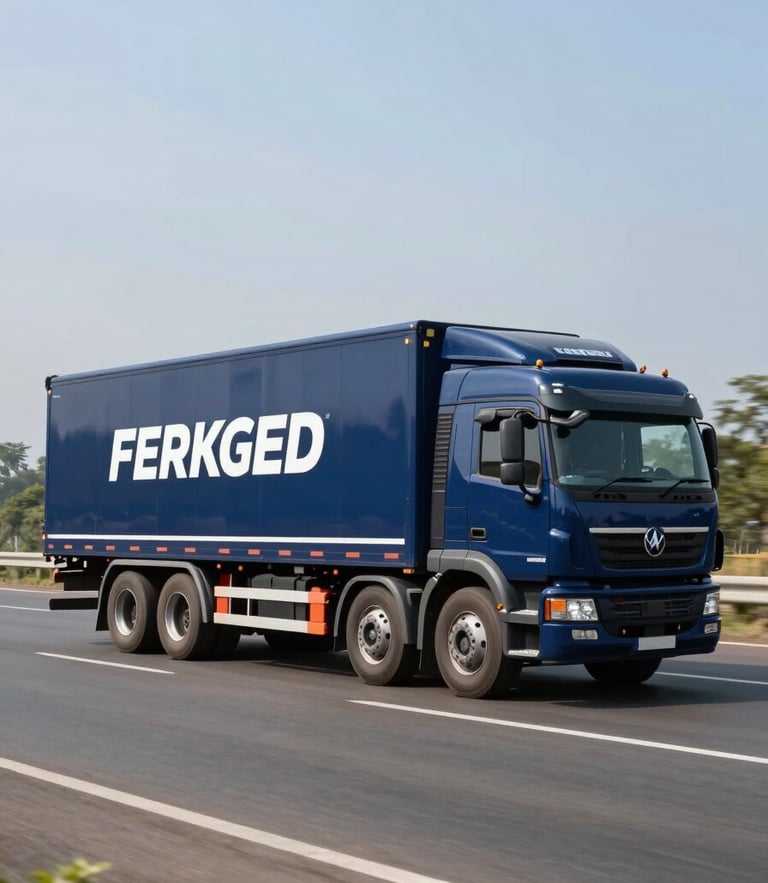 Branded modern transport truck driving on a clean multi-lane highway in India, sharp daylight, side profile showing corporate navy blue livery, professional logistics operations.