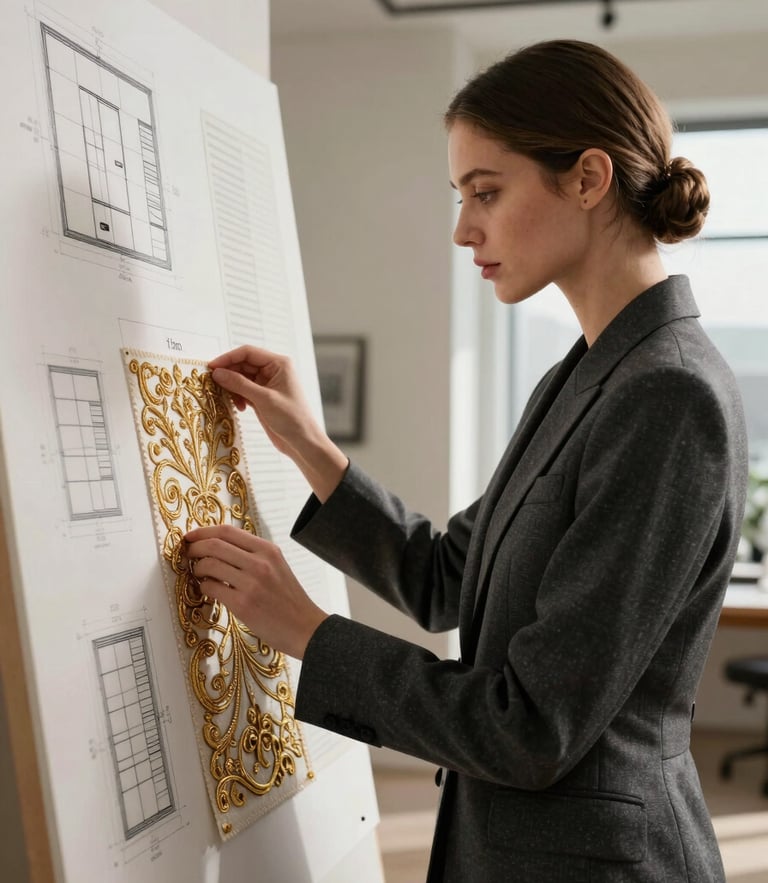Dramatic side lighting on an elegant female fashion designer in a structured charcoal blazer, analyzing intricate gold zardozi embroidery swatches next to architectural boutique floor plans in a minimalist, high-ceilinged luxury atelier.
