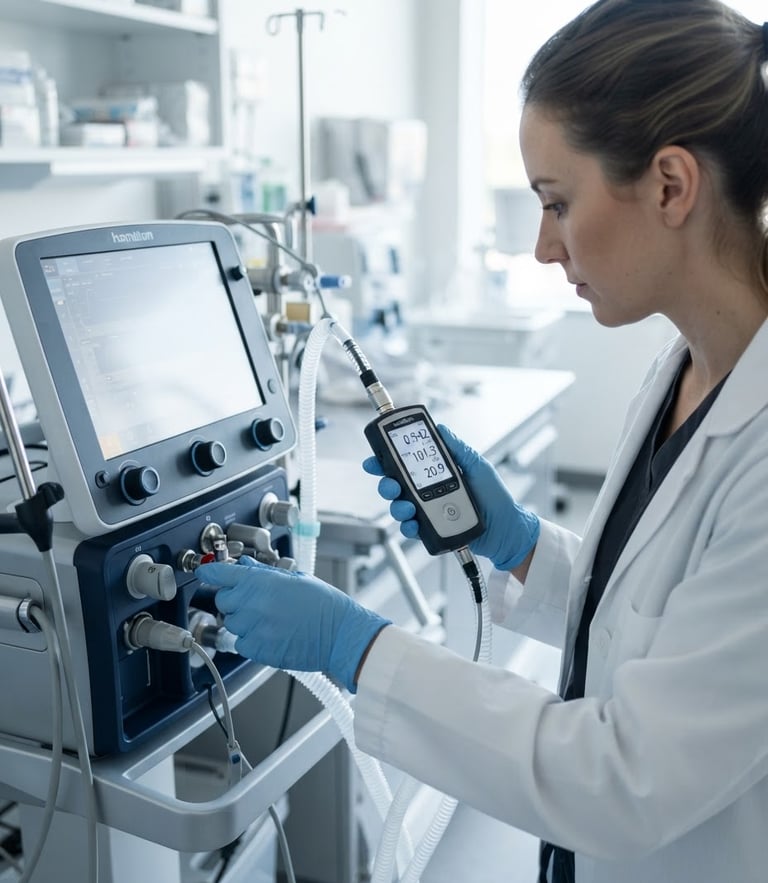 Close-up of a biomedical engineer in a bright clinical white environment using a precise digital calibration tool on a critical care ventilator, sharp focus, 50mm