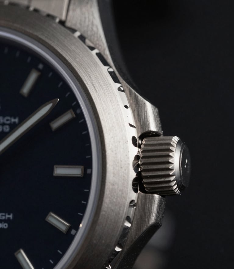 Macro close-up of a brushed steel watch bezel, dramatic chiaroscuro lighting, deep obsidian background, sharp metallic textures, 85mm lens