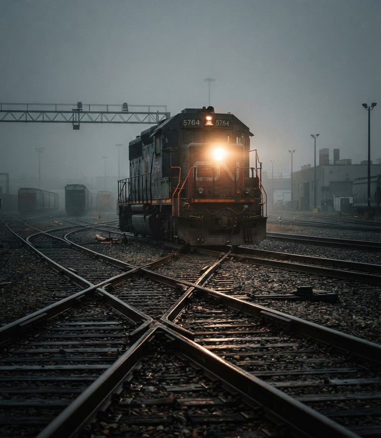A powerful diesel locomotive headlight cutting through early morning yard fog, high-contrast industrial steel tracks in desaturated tones