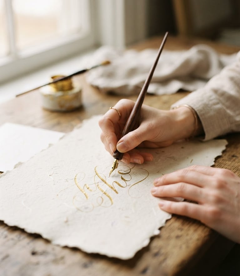 Close-up of a woman's hands carefully writing calligraphy with gold ink on textured hand-torn paper, soft morning light from a window