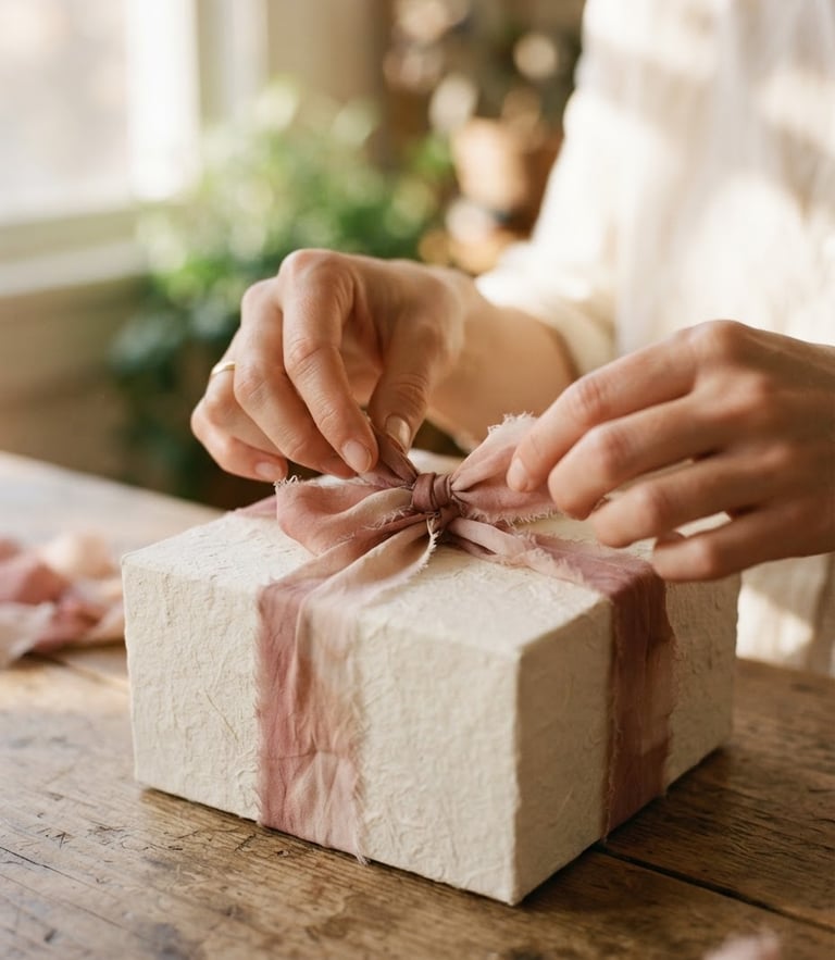 Intimate close-up of hands tying a botanically dyed silk ribbon around a textured cream paper box, warm morning window shadows, shallow depth of field, 35mm