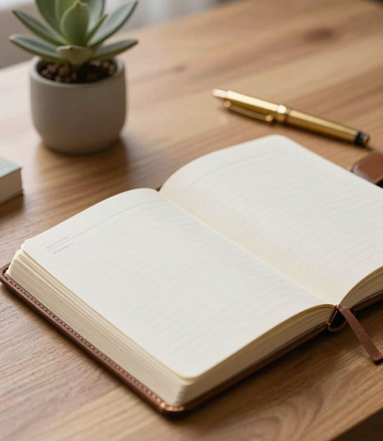 Diffused natural light on a clean oak desk with an open leather planner, a brass pen, and a minimalist botanical arrangement, editorial crop.