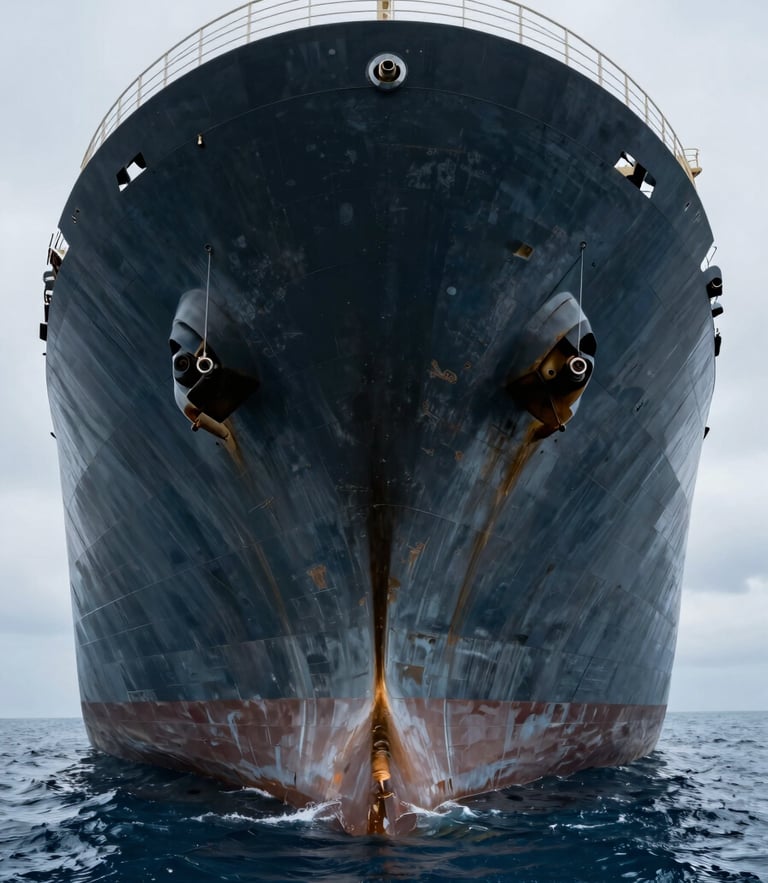Dramatic low-angle portrait shot of a massive commercial cargo ship hull, dark weathered steel plates, cold blue ocean water, overcast morning light.