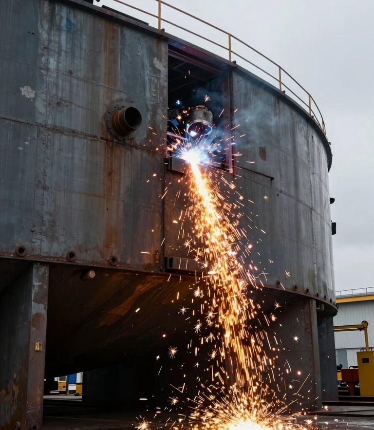 Portrait shot of welding sparks cascading down a massive steel hull in drydock, high-contrast overcast daylight, industrial scale.