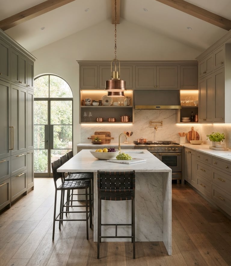 Straight-on architectural photograph of a luxury bespoke kitchen with warm integrated LED lighting, marble countertops, and hand-painted cabinets in muted luxury tones, 35mm tilt-shift lens.