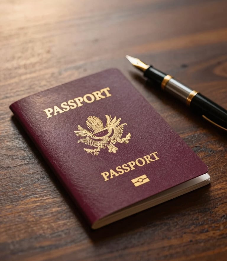 A close-up of a passport with gold-embossed details lying open on a dark wooden desk beside a classic fountain pen, soft warm light.