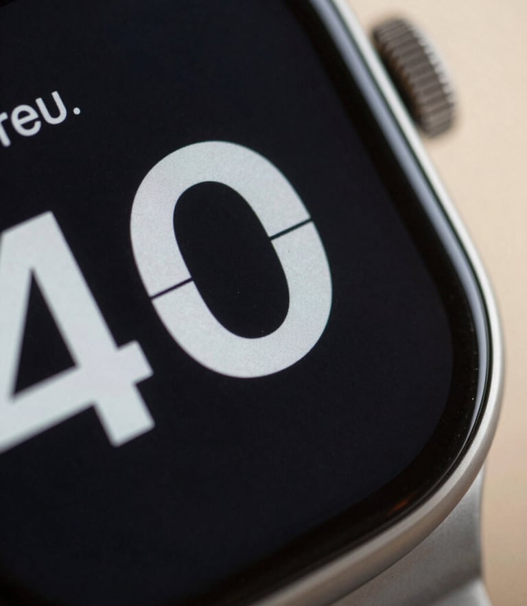 Close-up macro shot of the custom matte-screen UI showing clean geometric typography for a weather widget, soft diffused afternoon light, brushed metal details