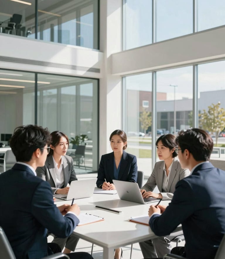 Professional collaborative meeting in a bright, sunlit Lehi office with modern glass walls and clean architectural lines, professional and focused atmosphere.