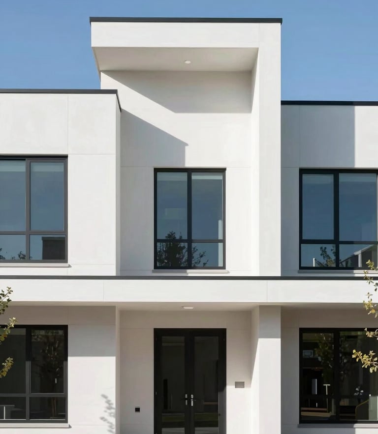 Bright architectural photography of a modern residential development facade in Utah, clean modern structures under crisp daylight with sharp geometric shadows.