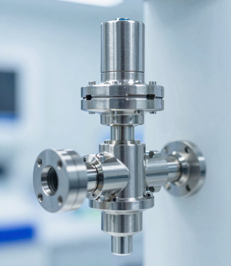 Sharp macro detail of a high-tech stainless steel bioreactor valve in a cleanroom, sterile white and cool blue lighting, high precision