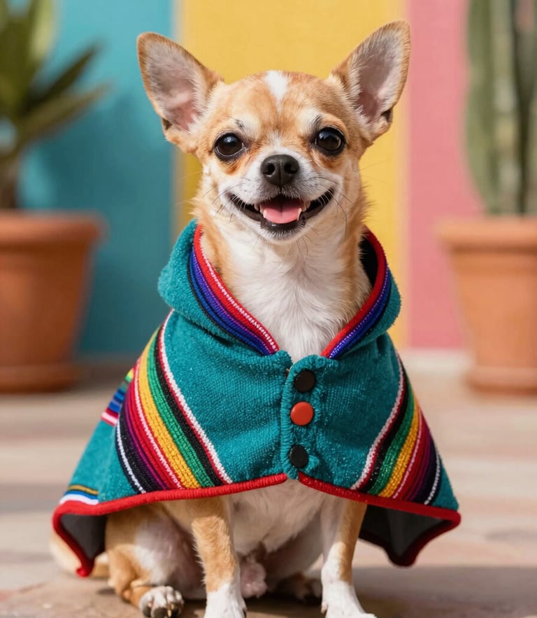 A happy small chihuahua wearing a colorful handmade Mexican teal poncho, sitting proudly on a sunny patio, eye-level vibrant pet photography.