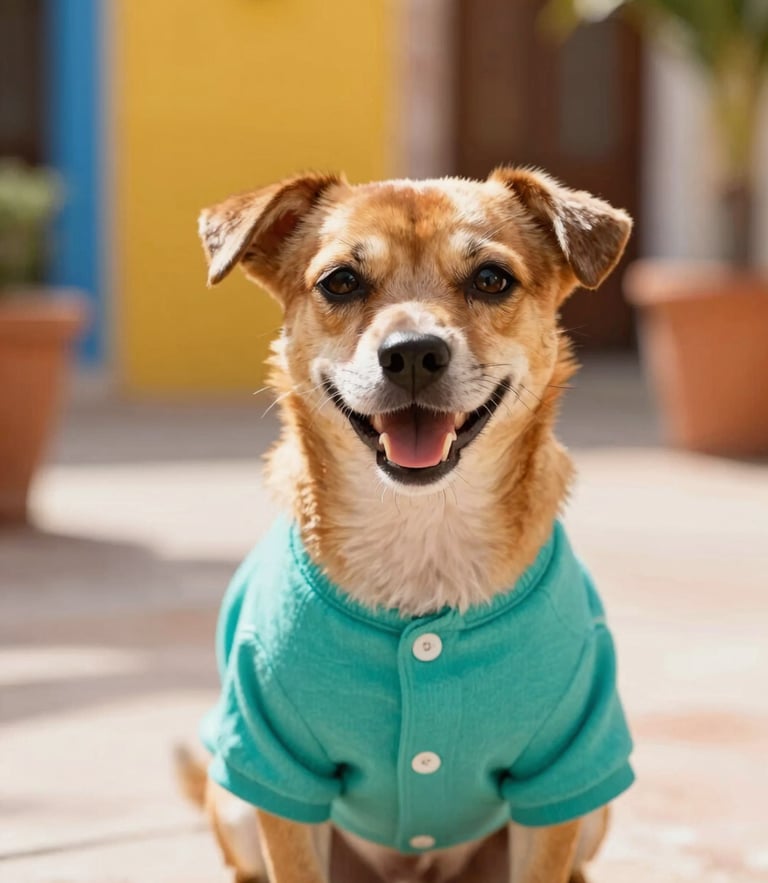Close-up of a happy small dog wearing a colorful handmade teal shirt, sitting in a warm sunlit patio in Mexico, 35mm lens, shallow depth of field