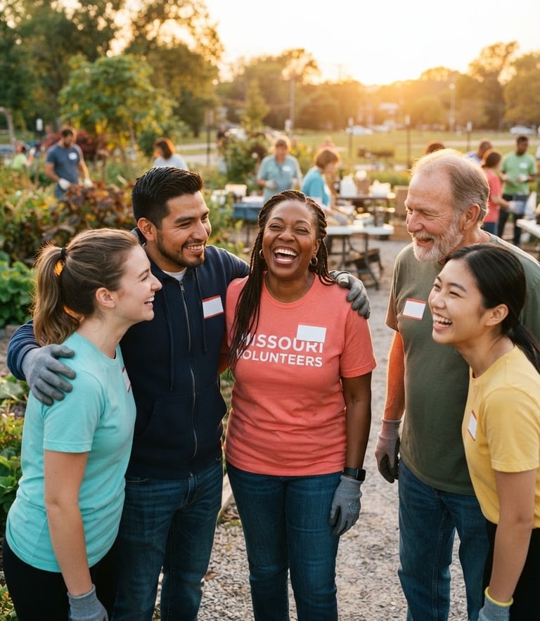 Bright, warm community photography of a diverse group of Missouri volunteers laughing together outdoor, golden hour light, candid editorial.
