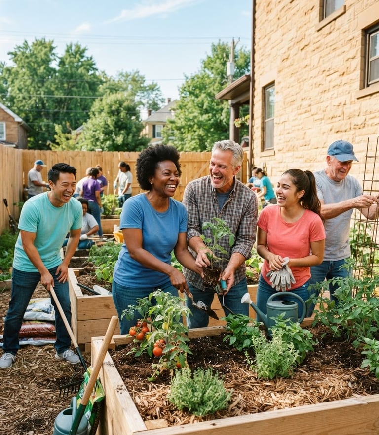 Bright natural daylight photo of diverse Missouri volunteers laughing and collaborating on a neighborhood project outdoor, warm sandstone tones, candid editorial, 35mm lens