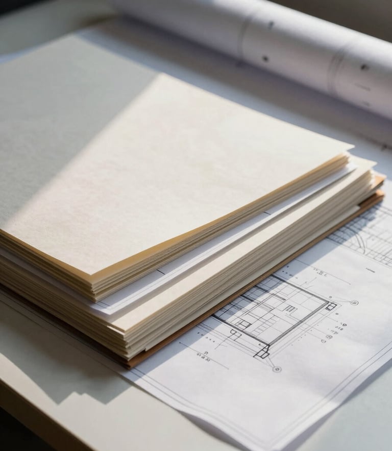 Cool diffused Pacific Northwest daylight highlighting a macro view of heavy textured paper stocks and architectural blueprints on a clean white drafting table, portrait orientation.