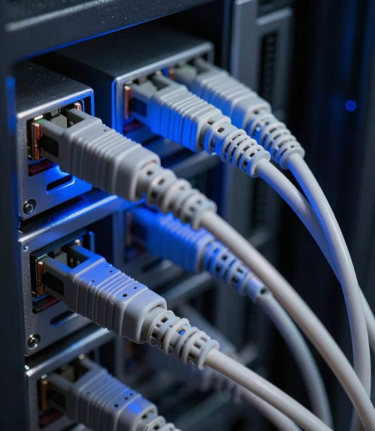 Macro close-up of structured fiber optic cabling in a server rack, illuminated by sharp blue LED light, technical precision, low-key lighting