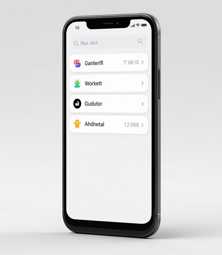 High-fidelity orthographic render of an Android device displaying a clean, high-contrast user interface, bright studio lighting.