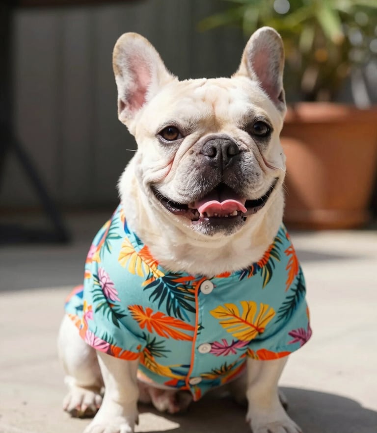 A happy small French Bulldog wearing a colorful tropical print shirt, sitting on a sunlit patio, bright natural daylight, shallow depth of field, 50mm lens