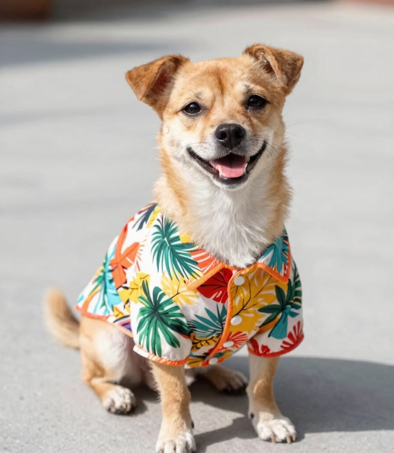 A joyful small dog wearing a colorful hand-sewn tropical shirt sitting on a light grey floor, bright natural daylight, shallow depth of field, 50mm lens