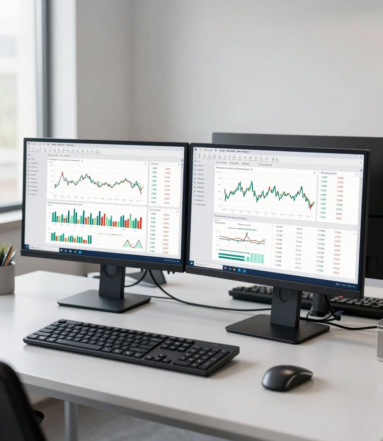 Medium shot of a clean modern corporate office with dual monitors displaying financial dashboards, bright neutral daylight, cool slate tones, sharp focus, editorial