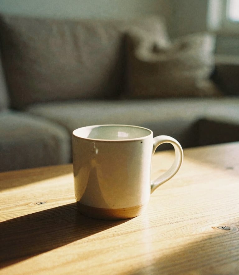 Soft golden-hour light streaming into a warm living room, a ceramic mug resting on a wooden table, cozy textiles in the background, 35mm film style.