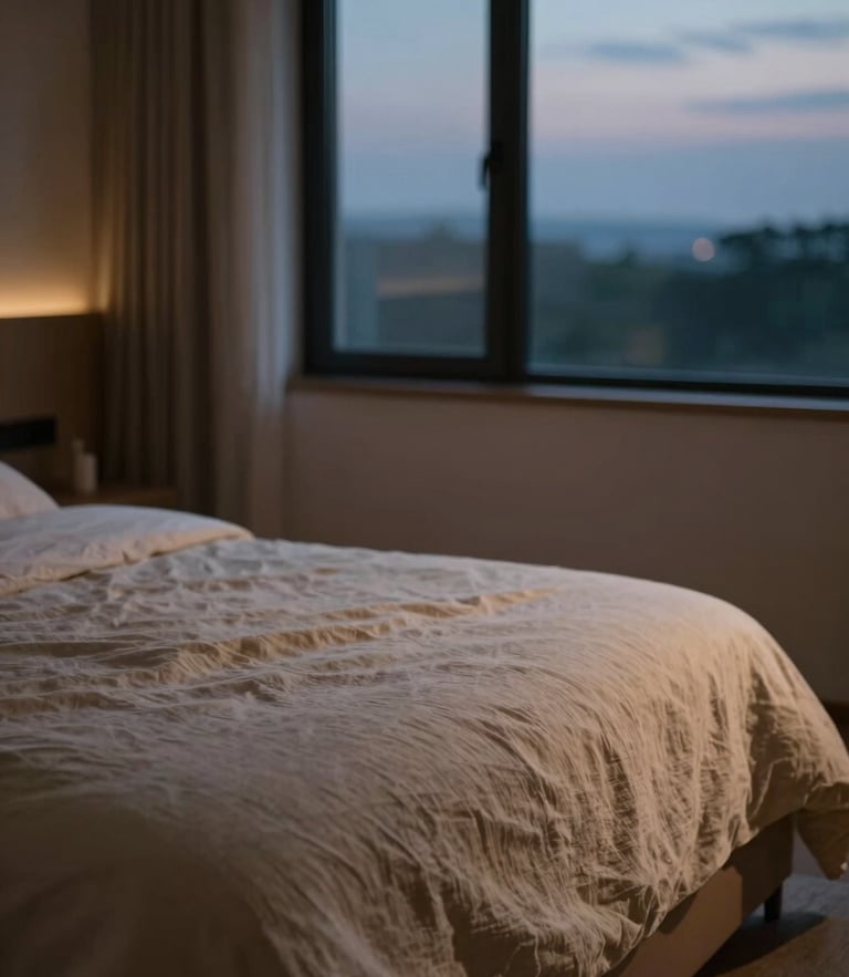 A quiet, minimalist bedroom sanctuary at twilight, soft amber evening light filtering through a window onto a perfectly made bed with organic linen textures, shallow depth of field, 35mm.