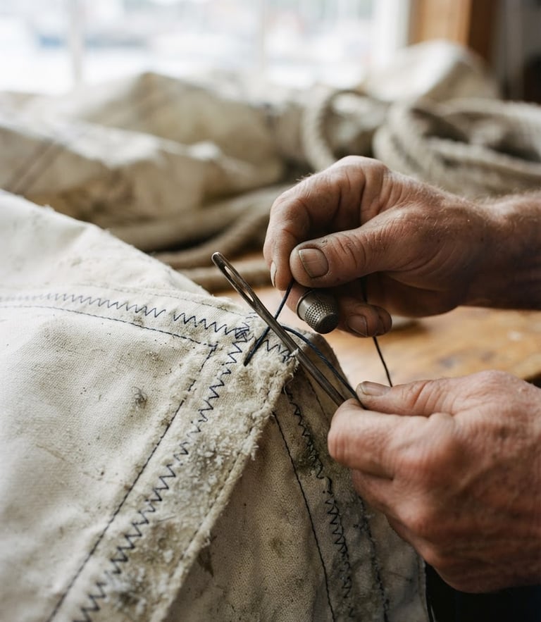 Extreme close-up of artisan hands guiding a heavy sewing needle through thick, weathered white sailcloth, soft natural coastal daylight, shallow depth of field