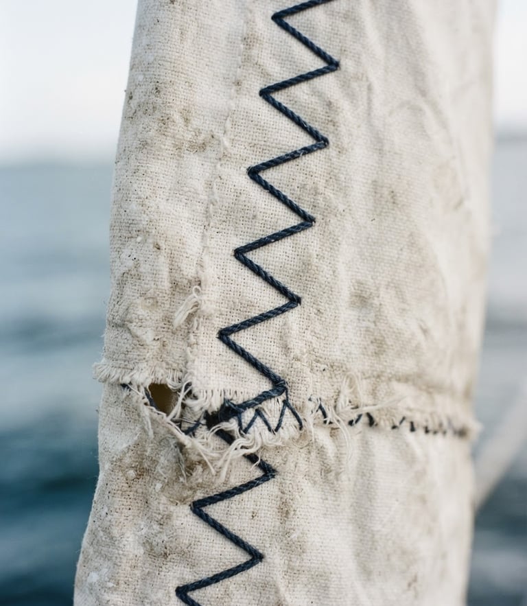 Close-up of weathered white sailcloth texture with heavy zig-zag stitching, soft coastal daylight, minimalist editorial styling, 35mm portrait crop.