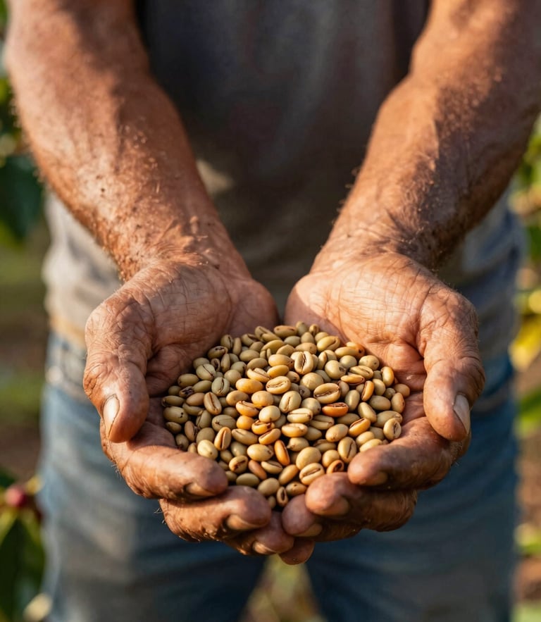 Close-up of a Colombian farmer's weathered hands holding freshly harvested organic coffee beans, warm golden-hour natural light, authentic agricultural setting.