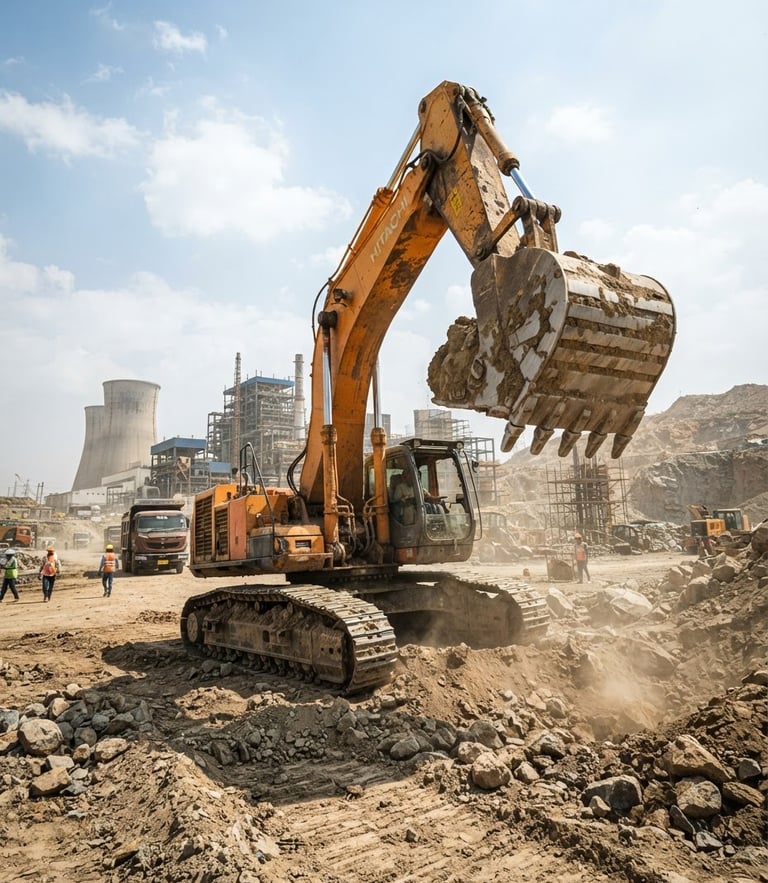 Low-angle heroic shot of a heavy yellow excavator on a dusty construction site in Rawatbhata, bright natural daylight, sharp focus