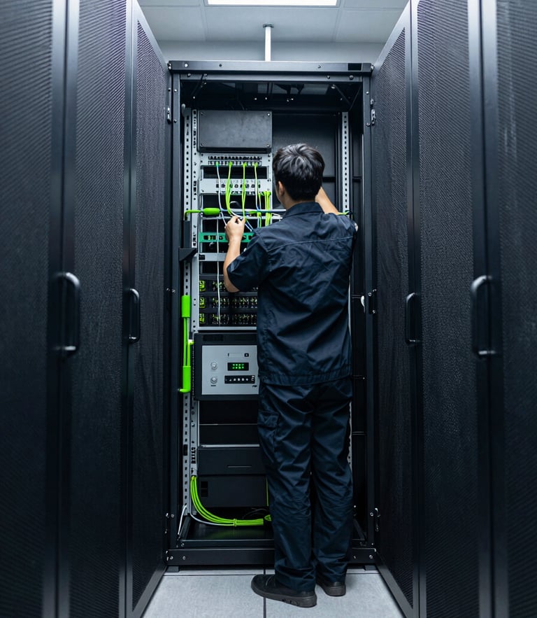 Wide environmental shot of a modern clean server room, a technician in dark uniform standing before an open rack checking connections, cool daylight, high contrast