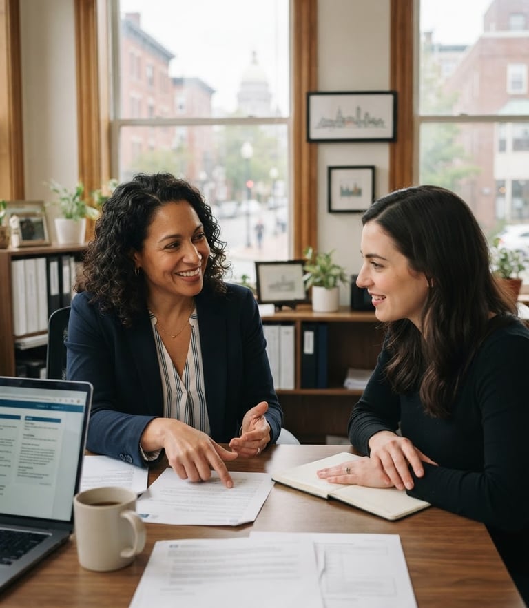 A clean editorial portrait of an approachable insurance agent consulting with a client in a bright, naturally lit Providence office, soft overcast daylight, 35mm lens