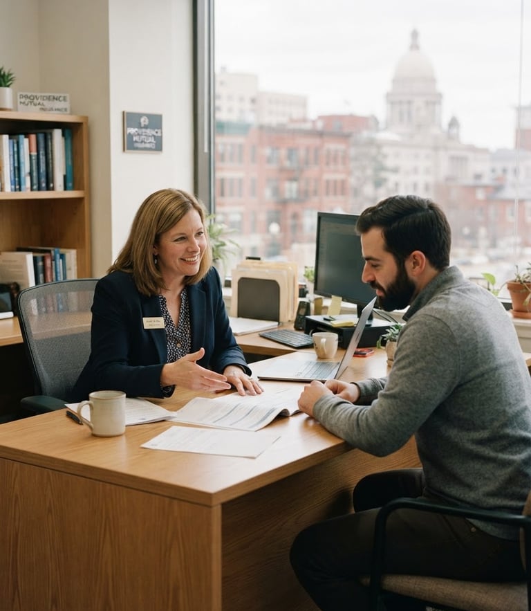Approachable independent insurance agent in a bright Providence office consulting with a client, soft natural daylight, professional setting.