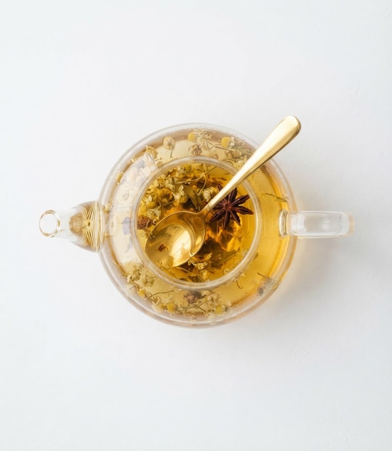 A minimalist overhead shot of an elegant glass teapot filled with golden herbal infusion, soft daylight reflecting off a gold spoon, clean white background