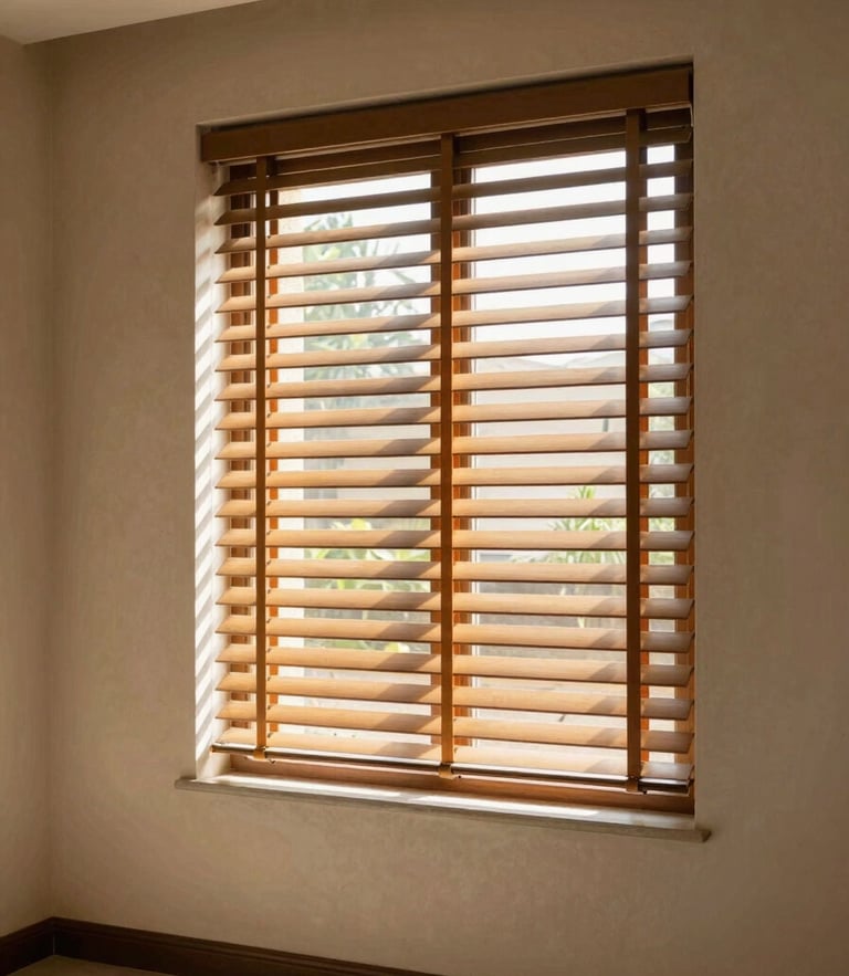 Elegant sunlit residential interior in Hyderabad, warm daylight filtering through custom window blinds, soft shadows on a textured wall, 35mm photography