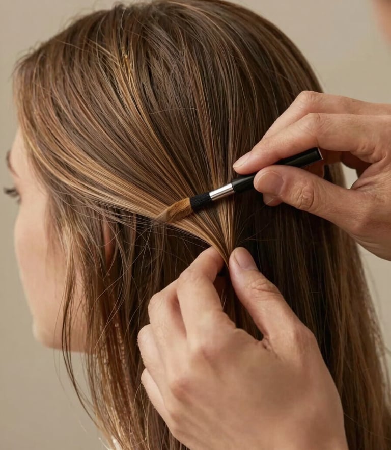 Close-up of hands precisely painting highlights on a model's hair, soft warm lighting, editorial framing.