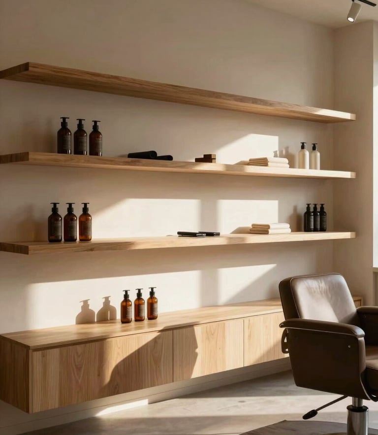 Warm modern salon interior with soft shadows, minimalist wooden shelves, and natural light streaming in.